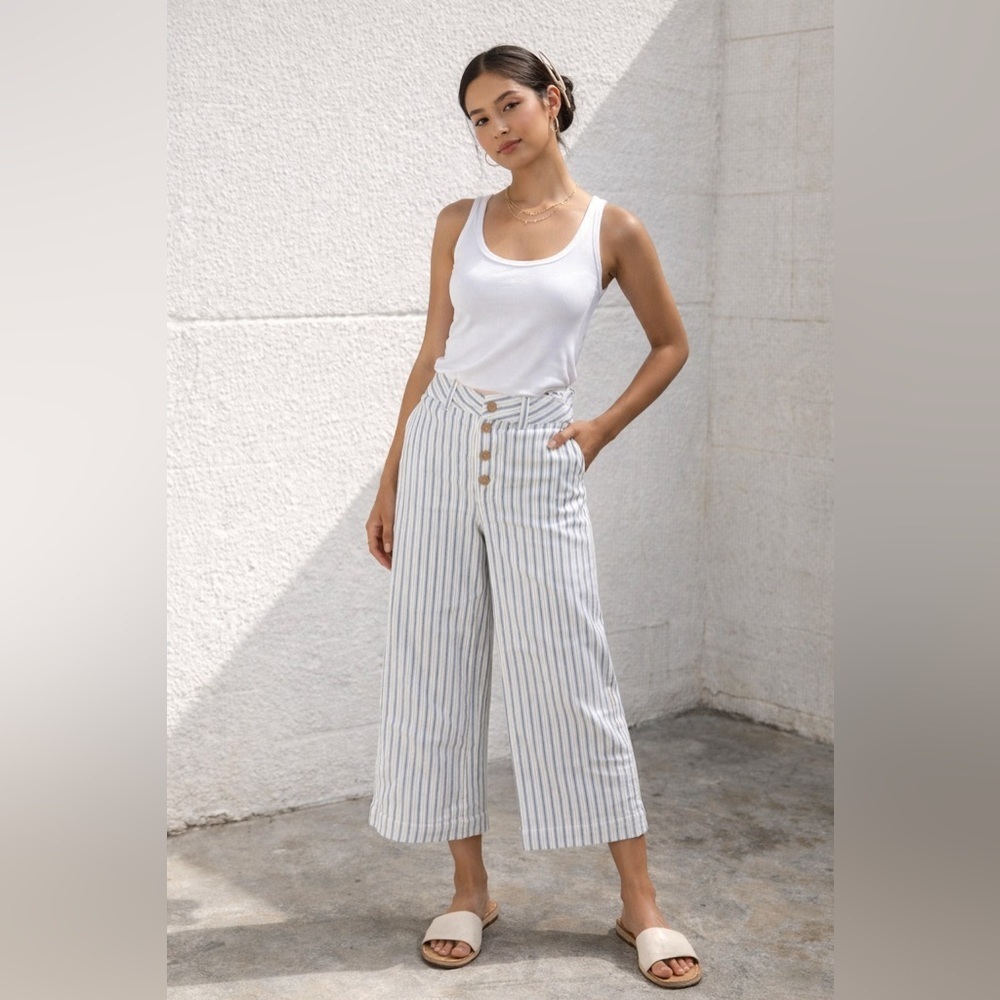Madewell Emmett Stripe Linen Wide Leg Crop Pants Blue White Sz 26 Summer